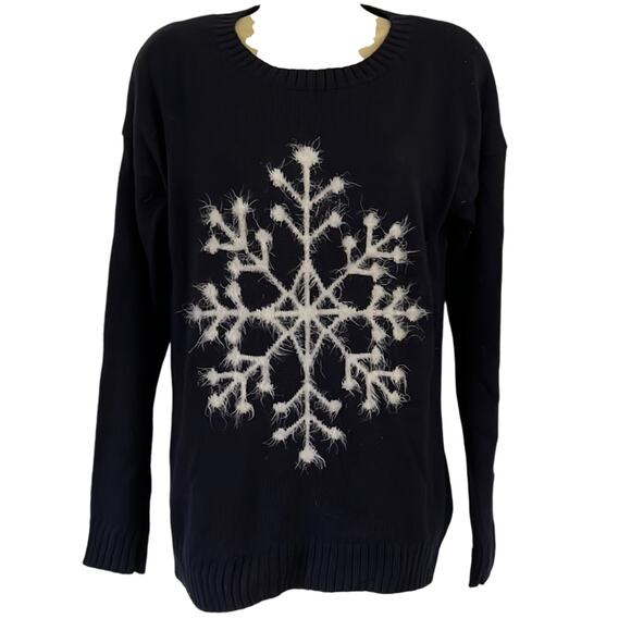 Navy Blue and White Fuzzy Snowflake Sweater Woman Size Medium Slouchy - Picture 1 of 9